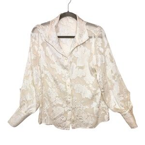 Ivory White Sheer Floral Burnout Button Front Blouse Romantic Elegant Large